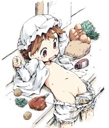  10s 1girl bloomers bloomers_pull blush brown_eyes brown_hair flat_chest ham_(points) hat ladle loli maid_imouto_(maoyuu) maoyuu_maou_yuusha mob_cap nipples oekaki open_clothes open_shirt pee peeing pussy shirt short_hair solo teardrop uncensored underwear 