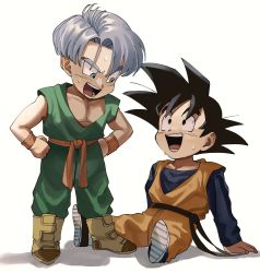  2boys black_eyes black_hair blue_eyes child commentary dougi dragon_ball hand_on_own_hip hands_on_own_hips highres looking_at_another male_focus multiple_boys open_mouth short_hair simple_background sitting smile son_goten spiked_hair tommmmieee trunks_(dragon_ball) white_background  rating:Sensitive score:2 user:danbooru