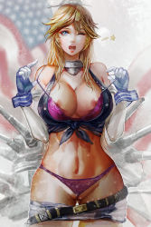 10s 1girl ;d absurdres american_flag bare_shoulders belt blonde_hair blurry blurry_background bra breasts cannon cleavage clothes_pull cowboy_shot erinerin99 eyelashes fingerless_gloves front-tie_top gloves headgear highres holding_strap iowa_(kancolle) kantai_collection large_breasts long_hair md5_mismatch miniskirt navel nipple_slip nipples one_eye_closed open_mouth panties partially_visible_vulva purple_bra purple_panties red_lips skindentation skirt skirt_pull sleeveless smile solo star_(symbol) stomach strap_gap strap_pull strap_slip turret underwear wedgie wrist_cuffs rating:Explicit score:51 user:danbooru