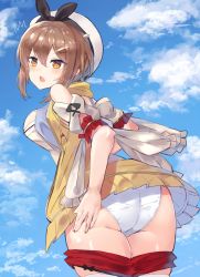 1girl :o ass atelier_(series) atelier_ryza bare_shoulders beret breasts brown_eyes brown_hair clothes_pull cowboy_shot from_behind hat highres looking_at_viewer looking_back medium_breasts nonon_(xenonbot) open_mouth panties red_shorts reisalin_stout short_hair short_shorts shorts shorts_pull sidelocks sky solo sweat underwear v-shaped_eyebrows white_hat white_panties rating:Sensitive score:13 user:armorcrystal