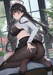  1girl ass black_bra black_hair black_halo black_pantyhose black_skirt blue_archive blush bra breasts bright_pupils clothes_lift commentary_request feet flower glass_door hair_ornament hairclip hairpin halo highres hokori_sakuni indoors lace lace-trimmed_bra lace_trim large_breasts long_hair long_sleeves looking_at_viewer looking_back miniskirt no_panties no_shoes pantyhose plant potted_plant red_eyes red_flower red_rose rio_(blue_archive) rose skirt skirt_lift soles sweater sweater_lift underwear watch white_pupils white_sweater 