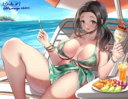 1girl aonaga_heri aqua_bikini aqua_sarong bare_legs beach beach_chair beach_umbrella bikini black_hair blush bracelet breasts breasts_apart collarbone commentary_request commission cup drink ebihara_naho feet_out_of_frame floral_print food forehead front-tie_bikini_top front-tie_top fruit green_eyes hair_ornament hair_scrunchie holding holding_cup holding_spoon idolmaster idolmaster_cinderella_girls jewelry kiwi_(fruit) knee_up large_breasts leaning_back looking_at_viewer mango navel parfait sarong scrunchie simple_bird sitting skeb_commission smile solo spoon sweat swimsuit thick_thighs thighs twitter_username umbrella