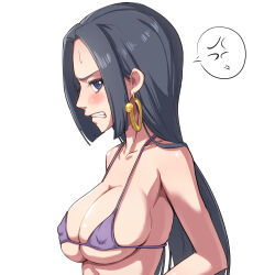  1girl anger_vein annoyed arms_at_sides bikini black_hair blue_eyes blush boa_hancock breasts clenched_teeth collarbone covered_erect_nipples earrings eyebrows eyelashes female_focus from_side hiaburi_tokage jewelry large_breasts long_hair looking_at_viewer looking_to_the_side nose one_piece purple_bikini simple_background solo swimsuit teeth upper_body white_background 