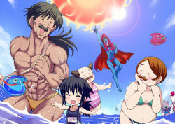  1girl 6+boys bare_legs bikini black_hair black_one-piece_swimsuit black_school_swimsuit blush bow breasts brown_hair cape character_request cleavage cow dragon_quest dragon_quest_v flying gema_(dq5) givuchoko gonz hair_bow hero_(dq5) hood horse jami jyami large_breasts long_hair ludman male_swimwear monster multiple_boys multiple_girls multiple_tails name_tag no_headwear ocean old_school_swimsuit one-piece_swimsuit open_mouth papas pink_hair pointy_nose ponytail purple_eyes red_eyes red_hair sancho school_swimsuit short_hair slime_(dragon_quest) sun swimsuit tail thong tonnura water what white_hair wings yellow_male_swimwear 
