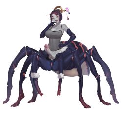  1girl :d absurdres arachne arthropod_girl bare_shoulders breasts carapace colored_skin erection existence extra_eyes full-package_futanari full_body futanari grey_skin hair_ornament hair_stick hand_on_own_hip highres insect_girl large_breasts monster_girl navel nipples ojou-sama_pose open_mouth penis pussy red_eyes second-party_source see-through simple_background smile solo spider_girl sprite taur testicles transparent_background uncensored waltz_withme 