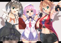  3girls :d ahoge amaki_okome black_bow black_choker black_gloves black_hair black_shorts black_skirt black_tube_top blush bow bowtie breasts brown_hair choker cleavage commentary_request cowboy_shot fingerless_gloves flat_chest gloves green_eyes grey_background grey_pantyhose hair_intakes hairband hakari_kanna hand_on_own_hip hat hat_ornament hoshizora_gakuen large_breasts lets0020 letterboxed looking_at_viewer medium_bangs midriff miniskirt multiple_girls natsume_shishi navel necktie off-shoulder_shirt off_shoulder one_eye_closed open_mouth orange_bow orange_bowtie pantyhose pink_hair pleated_skirt pointing pointing_at_viewer purple_eyes purple_skirt purple_thighhighs reaching reaching_towards_viewer red_necktie red_shirt sailor_hat shirt short_hair short_twintails shorts sideboob skirt sleeveless sleeveless_shirt smile star_(symbol) star_hat_ornament strapless striped_clothes striped_shorts suspender_skirt suspenders thighhighs tube_top twintails vertical-striped_clothes vertical-striped_shorts virtual_youtuber white_gloves white_hairband white_hat white_shirt 