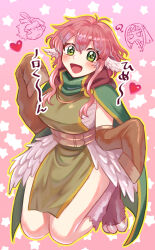  1girl ? aurora_sya_lis_kaymin bandaged_chest belt blush cape cursed_musician detached_sleeves eyelashes green_cape green_tunic half-harpy harpy_(maou-jou_de_oyasumi) head_wings heart highres maou-jou_de_oyasumi monster_girl multiple_belts open_mouth outline pink_background pink_hair sidelocks sleeves_past_fingers sleeves_past_wrists star_(symbol) starry_background sumi_wo_hakuneko talons translation_request wings yellow_outline 