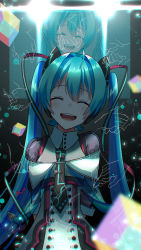  1girl absurdres ahoge alternate_costume aqua_hair arms_behind_back augmented_reality buttons collarbone concert contrapposto double-breasted dress closed_eyes hair_between_eyes hair_intakes hatsune_miku head_tilt highres jumbotron long_hair long_sleeves necktie open_mouth ribbon see-through smile stage_lights straight-on tatyaoekaki twintails upper_body very_long_hair vocaloid 