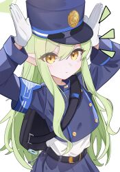  1girl absurdres bag belt black_belt black_hat black_jacket black_skirt blue_archive blush buttons closed_mouth double-breasted gloves green_hair green_halo hair_between_eyes halo hat hikari_(blue_archive) highres jacket long_hair long_sleeves looking_at_viewer peaked_cap pleated_skirt pointy_ears ryoya sidelocks simple_background skirt smile solo white_background white_gloves yellow_eyes 