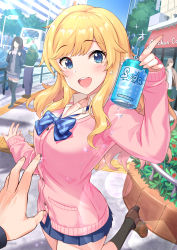 1boy 2girls :d absurdres black_socks blonde_hair blue_eyes blue_neckwear blue_skirt blue_sky blush bow bowtie breasts brown_footwear building bus buttons can car cardigan cityscape collarbone collared_shirt commentary_request cowboy_shot crosswalk day drink_can glint hand_up high_heels highres holding holding_can idolmaster idolmaster_cinderella_girls jewelry kneehighs leg_up light_rays loafers long_hair long_sleeves looking_at_viewer medium_breasts miniskirt motor_vehicle multiple_girls necklace ohtsuki_yui open_mouth outdoors pink_cardigan plant pleated_skirt pov pov_hands railing road school_uniform shadow shirt shoes skirt sky sleeves_past_wrists smile socks soda_can solo_focus standing standing_on_one_leg street striped_bow striped_bowtie striped_clothes striped_neckwear sunlight tamakaga traffic_light tree undershirt water_drop wavy_hair white_shirt rating:Sensitive score:10 user:danbooru