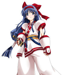  1girl ainu_clothes blue_eyes blue_hair breasts fingerless_gloves from_below gloves hair_ribbon highres legs looking_at_viewer nakoruru pants parted_lips ribbon samurai_spirits small_breasts snk solo the_king_of_fighters thighs weapon 