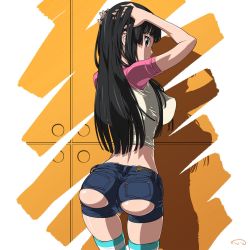 1girl absurdres adjusting_hair akiyama_mio arms_up ass ass_cutout back black_hair breasts clothing_cutout commentary covered_erect_nipples crop_top denim denim_shorts duplicate fingernails from_behind hand_on_own_head highres hime_cut impossible_clothes impossible_shirt k-on! large_breasts long_fingernails long_hair looking_back purple_eyes raglan_sleeves shadow shirt short_shorts shorts solo standing striped_clothes striped_thighhighs suna_(sandworks) t-shirt thighhighs torn_clothes rating:Questionable score:118 user:danbooru