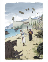  2girls absurdres arms_up beach black_robe blue_scarf boat boots brown_cape cape coat day elf fern_(sousou_no_frieren) floating frieren grey_hair highres holding holding_staff kagawaraifu levitation long_sleeves multiple_girls ocean outdoors pointy_ears purple_hair robe scarf shipwreck sousou_no_frieren staff twintails watercraft 
