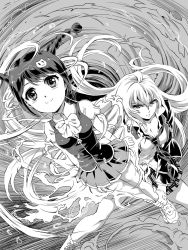  2girls blonde_hair braid cat_hair_ornament closed_mouth couple fingerless_gloves gloves greyscale gyaru hair_between_eyes hair_ornament highres holding long_hair loose_necktie monochrome multiple_girls necktie pizza_man pleated_skirt red_hair rm_(amber_owl) shikishima_mirei shirt short_twintails skirt tokonome_mamori twin_braids twintails valkyrie_drive valkyrie_drive_-mermaid- wife_and_wife 