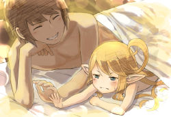  &gt;:( 10s 1boy 1girl ^_^ bed_sheet blonde_hair blue_eyes blush brown_hair charlotta_(granblue_fantasy) closed_eyes closed_mouth elf frown gran_(granblue_fantasy) granblue_fantasy harvin head_rest lens_flare loli long_hair lying no_nipples on_bed on_stomach outstretched_arm pectorals pointy_ears short_hair size_difference sweatdrop swept_bangs topless v-shaped_eyebrows walkalone  rating:Questionable score:106 user:danbooru