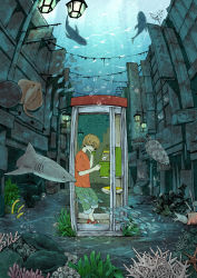  1boy absurdres air_bubble brown_hair bubble building commentary_request coral corded_phone eel fish green_pants hair_over_eyes highres holding holding_phone igetarou lamppost motor_vehicle motorcycle ocean original pants pants_rolled_up phone phone_booth red_footwear red_shirt scenery shark shirt short_hair short_sleeves sign standing stingray turtle underwater  rating:Sensitive score:5 user:danbooru