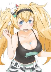  1girl b-man belt blonde_hair blue_eyes breasts cleavage clothes_writing collarbone commentary_request fish food_on_body food_on_breasts gambier_bay_(kancolle) hair_between_eyes hair_ornament hairband ice kantai_collection large_breasts long_hair low_twintails multicolored_clothes open_mouth shorts sidelocks solo tank_top tearing_up tears twintails very_long_hair wavy_mouth 