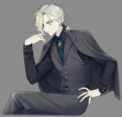  1boy alternate_costume black_bow black_jacket black_pants black_shirt black_vest bow brooch collared_shirt cross-shaped_pupils crossed_legs edmond_dantes_(fate) expressionless fate/grand_order fate_(series) formal fukusuu_(zeonms_06s) green_necktie grey_background grey_hair hair_bow hair_over_one_eye hand_on_own_hip hand_up invisible_chair jacket jacket_on_shoulders jewelry long_sleeves looking_to_the_side male_focus medium_hair necktie pants parted_lips ponytail ringed_eyes shirt simple_background sitting solo symbol-shaped_pupils vest wing_collar yellow_eyes 