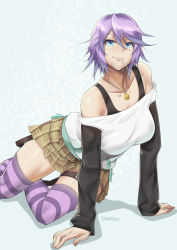 00s 1girl arm_support bad_id bad_pixiv_id bare_shoulders blue_eyes breasts candy cleavage closed_mouth collarbone food food_in_mouth jewelry large_breasts lollipop long_sleeves looking_at_viewer off-shoulder_shirt off_shoulder pendant plaid plaid_skirt pleated_skirt purple_hair rosario+vampire shirayuki_mizore shirt shirt_under_shirt short_hair skirt smile solo stormcow striped_clothes striped_legwear striped_thighhighs swept_bangs thigh_strap thighhighs rating:Sensitive score:120 user:danbooru