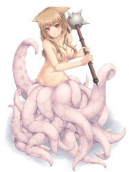 1girl animal_ears breasts brown_hair frown full_body hair_censor hair_over_breasts highres long_hair mace medium_breasts monster_girl navel nude original red_eyes sasaame scylla simple_background solo spiked_mace spikes tentacles weapon white_background  rating:Questionable score:27 user:danbooru