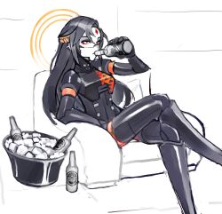 1girl black_hair bottle commentary couch crossed_legs decayedparasite drinking english_commentary highres ice ice_cube joints long_hair looking_afar on_couch robot_girl robot_joints signalis solo 