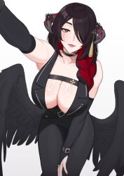  1girl absurdres black_hair blush braid breasts bright_pupils cleavage colored_inner_hair demon_horns hair_over_one_eye highres hololive hololive_english horns huge_breasts kuon_bb long_hair looking_at_viewer mamarissa mature_female mole mole_on_breast mole_under_eye multicolored_hair nail_polish one_eye_covered open_mouth outstretched_arm reaching reaching_towards_viewer red_eyes red_hair smile solo two-tone_hair virtual_youtuber white_pupils 