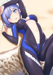  1girl aoi_(blue_archive) beach bikini bikini_under_clothes black_bodysuit black_wetsuit blue_archive blue_bikini blue_eyes blue_hair blue_halo blush bodysuit breasts diving_suit ear_piercing front_zipper_swimsuit frown full-length_zipper halo highres imizu_futoshi light_blush light_frown looking_at_viewer lying medium_breasts meme_attire navel on_back one-piece_swimsuit open_mouth open_wetsuit piercing pointy_ears short_hair skin_tight swimsuit two-tone_bodysuit wetsuit zipper zipper_pull_tab 