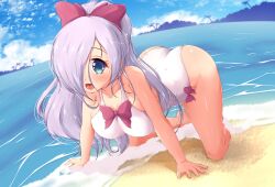  1girl all_fours ass bare_arms bare_legs beach blue_eyes blue_sky blush bow breasts cleavage cloud collarbone commentary commission day dot_nose english_commentary ether_core hair_bow hair_over_one_eye highres horizon large_breasts long_hair looking_at_viewer ocean one-piece_swimsuit open_mouth original outdoors purple_hair sky smile solo swimsuit white_one-piece_swimsuit 