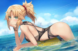  1girl bare_shoulders bikini black_one-piece_swimsuit blonde_hair blue_sky bracelet braid breasts fate/apocrypha fate_(series) french_braid green_eyes highres jewelry long_hair looking_at_viewer lying mordred_(fate) mordred_(fate/apocrypha) ocean on_stomach one-piece_swimsuit parted_bangs ponytail sidelocks sky small_breasts solo surfboard swimsuit tonee variant_set 