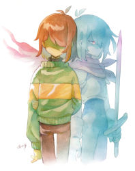  1other androgynous arm_behind_back armor brown_hair cropped_legs deltarune dual_persona gloves grabbing_own_arm hair_over_eyes highres kris_(deltarune) red_eyes scarf senjochi_janai serious shaded_face shirt striped_clothes striped_shirt sweater sword thigh_gap turtleneck weapon  rating:Sensitive score:6 user:danbooru