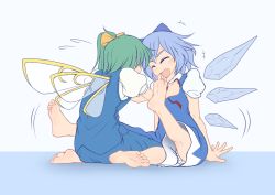 +++ 2girls barefoot bloomers blue_hair bow cirno daiyousei closed_eyes fairy_wings fang feet green_hair hair_bow iromeki_overdrive multiple_girls open_mouth side_ponytail sitting smile soles toes touhou underwear wariza wings rating:Sensitive score:28 user:danbooru