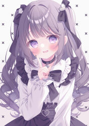  1girl black_bow black_bowtie bow bowtie curly_hair dress eyelashes hair_between_eyes hair_ornament hair_over_eyes hair_over_shoulder hairband hand_on_own_face hand_up heart heart-shaped_eyes heart_hair_ornament highres jirai_kei knot long_hair makeup open_mouth original purple_eyes purple_hair puu_(kari---ume) rouge_(makeup) thick_eyelashes twintails two_side_up very_long_hair white_background white_dress 
