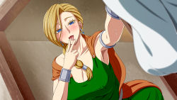 1girl armpits bianca_(dq5) blonde_hair blue_eyes blush braid breasts cape cleavage collarbone door dragon_quest dragon_quest_v earrings covered_erect_nipples finger_to_mouth highres huge_breasts inja_no_kuruwa jewelry licking long_hair looking_away naughty_face open_door open_mouth saliva standing sweat tongue rating:Questionable score:32 user:Kentabarou