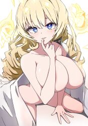  1girl blonde_hair blue_eyes blush breasts crown_(naked_king)_(nikke) crown_(nikke) diadem disembodied_limb drill_hair finger_to_mouth goddess_of_victory:_nikke hair_ornament headgear huge_breasts large_breasts long_hair looking_at_viewer open_clothes open_shirt shirt sitting solo white_shirt yoonsun 