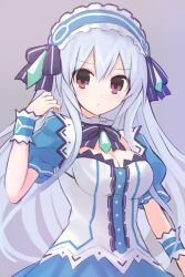 1girl black_ribbon blue_hairband breasts buttons center_frills cleavage closed_mouth detached_collar fairy_fencer_f frilled_hairband frills grey_hair hairband hand_up hands_up light_blush lolita_hairband long_hair looking_at_viewer medium_breasts puffy_short_sleeves puffy_sleeves red_eyes ribbon short_sleeves solo striped_ribbon suta_(clusta) tiara_(fairy_fencer_f) very_long_hair wrist_cuffs