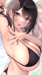  1girl akira_shiun arm_behind_head arm_up armpits ass bikini black_bikini black_hair blurry blurry_background blush bokeh breasts cleavage commentary_request depth_of_field highres huge_breasts large_breasts looking_at_viewer multicolored_hair nail_polish open_mouth original purple_eyes purple_hair short_hair sideboob smile solo spread_armpit standing streaked_hair swimsuit translation_request twitter_username two-tone_hair  rating:Sensitive score:65 user:danbooru