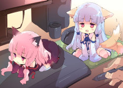 1boy 2girls :3 animal_ears black_dress blue_dress blue_hair blush cat_ears cat_tail chibi detached_sleeves drawing_tablet dress fox_ears fox_tail hands_in_opposite_sleeves holding jitome kneeling kotonoha_akane kotonoha_aoi long_hair low_twintails mini_person minigirl monitor mouse_(animal) multiple_girls open_mouth petenshi_(dr._vermilion) pink_legwear sandals siblings sisters sitting smile stylus tail tail_wagging thighhighs twins twintails voiceroid wariza rating:Sensitive score:12 user:danbooru