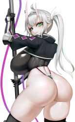  ahoge artist_request ass blush bracelet breasts gloves green_eyes horn_piercing horns huge_ass huge_breasts jacket jewelry kotoha_rimu looking_back mole mole_under_eye oni pointy_ears polearm side_ponytail smile thong virtual_youtuber weapon white_hair  rating:Sensitive score:5 user:Miyuki_Lust