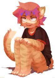 1boy animal_ears animal_hands artist_name barefoot black_shirt bottomless brown_eyes cat_ears cat_tail dated fang full_body furry furry_male hands_on_own_knees happy hatomura_miri heart highres knees_up legs_together male_focus naruko_shoukichi open_mouth red_hair shirt short_hair short_sleeves simple_background sitting smile solo tail twitter_username white_background yowamushi_pedal
