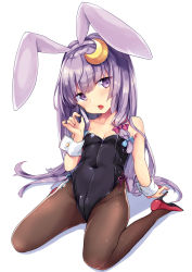 1girl animal_ears bare_shoulders black_pantyhose breasts cameltoe cleavage cleft_of_venus collarbone covered_navel crescent crescent_hair_ornament fake_animal_ears fellatio_gesture hair_ornament head_tilt high_heels highres kedama_milk leotard long_hair looking_at_viewer open_mouth pantyhose patchouli_knowledge playboy_bunny purple_eyes purple_hair rabbit_ears red_footwear shiny_clothes shoes sitting small_breasts solo tongue tongue_out touhou very_long_hair wariza wrist_cuffs rating:Questionable score:38 user:danbooru