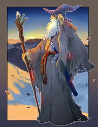  1boy absurdres adjusting_clothes adjusting_headwear beard belt blue_sky border commentary dirty dirty_clothes english_commentary facial_hair fantasy full_body gandalf grey_robe hakuryuvision hat highres holding holding_staff long_beard long_sleeves male_focus mountain old old_man outline robe scabbard sheath sky snow staff standing star_(sky) starry_sky sunrise the_lord_of_the_rings tolkien&#039;s_legendarium tolkien's_legendarium white_hair white_outline witch_hat wizard 