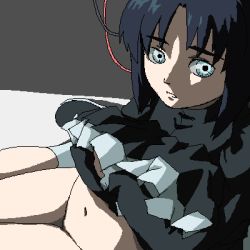  1girl aged_down blue_eyes blue_hair bottomless cable clothes_lift dress dress_lift ghost_in_the_shell kusanagi_motoko loli lowres matching_hair/eyes no_panties oekaki parted_bangs short_hair solo tyler_garden  rating:Questionable score:33 user:danbooru