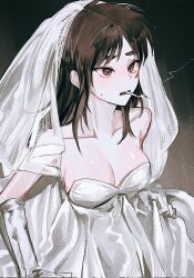  1girl black_background breasts bridal_veil brown_background brown_eyes brown_hair cigarette cleavage commentary_request cowboy_shot dress elbow_gloves genderswap genderswap_(mtf) gloves gradient_background highres itou_kaiji kaiji large_breasts long_hair looking_afar medium_bangs open_mouth siho_is_alien smoking solo strapless strapless_dress veil wedding_dress white_dress white_gloves 