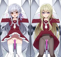  2girls absurdres assault_lily belt belt_buckle blonde_hair blunt_bangs blush braid brown_pantyhose brown_sailor_collar buckle clenched_teeth clothes_lift collarbone commentary_request commission feet_out_of_frame frilled_skirt frills grey_hair hair_ribbon hands_up high-waist_skirt highres imminent_penetration imminent_vaginal kanba_girls_high_school_uniform kon_kanaho long_hair long_sleeves looking_at_viewer miniskirt miyagawa_takane monster multiple_girls navel necktie no_panties open_mouth outstretched_arms pantyhose parted_lips purple_eyes purple_ribbon raised_eyebrows red_belt red_shirt red_skirt restrained ribbon sailor_collar school_uniform serafuku sex_machine shaded_face shirt short_necktie side_braid sidelocks simple_background single_braid skeb_commission skirt skirt_lift standing sweatdrop teeth thighhighs torn_clothes torn_pantyhose umi!_(umidigda_kawaii) very_long_hair white_background white_necktie white_thighhighs yellow_eyes 