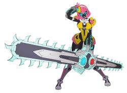  1girl absurdres armor breasts catball1994 chainsaw double-blade heart helmet highres holding holding_weapon huge_weapon kamen_rider kamen_rider_ex-aid_(series) kamen_rider_poppy knees_together_feet_apart large_breasts one_eye_closed poppi_pipopapo power_armor solo thighs v weapon white_background wide_hips yellow_armor  rating:Sensitive score:18 user:danbooru
