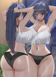  1girl absurdres ass black_panties blue_eyes blue_hair breasts commentary crop_top dark_blue_hair english_commentary full-length_mirror hair_intakes hair_tie_in_mouth highres hololive hololive_english huge_breasts indoors long_hair mirror mouth_hold multicolored_hair navel ouro_kronii panties ponytail solo tank_top two-tone_hair tying_hair underwear virtual_youtuber white_tank_top yobi_(ybpac18) 