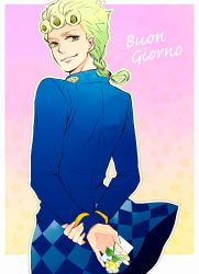 1boy bad_id bad_pixiv_id blonde_hair card flower from_behind giorno_giovanna gradient_background green_eyes highres jojo_no_kimyou_na_bouken looking_back male_focus outline samunun_(canti8) solo star_(symbol) starry_background vento_aureo 