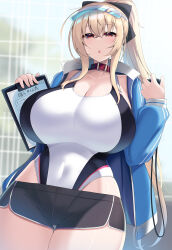  1girl :o absurdres black_ribbon black_shorts blonde_hair blue_hair blue_jacket blush breasts cleavage clipboard collarbone commentary_request competition_swimsuit covered_navel crossed_bangs dolphin_shorts gradient_hair hair_ribbon highleg highleg_swimsuit highres holding holding_clipboard holding_stopwatch huge_breasts jacket kubiwa_(kutan) kutan long_hair looking_at_viewer multicolored_hair one-piece_swimsuit open_mouth original red_eyes ribbon short_shorts shorts sidelocks solo standing stopwatch swimsuit thighs two-tone_hair very_long_hair visor_cap watch white_one-piece_swimsuit wide_hips 