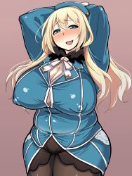 10s 1girl aqua_eyes arms_up atago_(kancolle) blonde_hair blush breasts cleavage highres huge_breasts kantai_collection looking_at_viewer plump sumemako sweat rating:Questionable score:32 user:leejunne