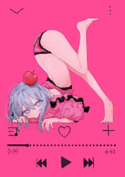  1girl 39 absurdres apple barefoot blue_eyes blue_hair blue_nails camisole commentary_request expressionless feet food frilled_pillow frills fruit full_body h44ne1 hatsune_miku highres looking_at_viewer media_player_interface messy_hair nail_polish panties pillow pink_camisole pink_panties play_button progress_bar purple_background romeo_to_cinderella_(vocaloid) solo thighs toenail_polish toenails toes top-down_bottom-up underwear vocaloid 